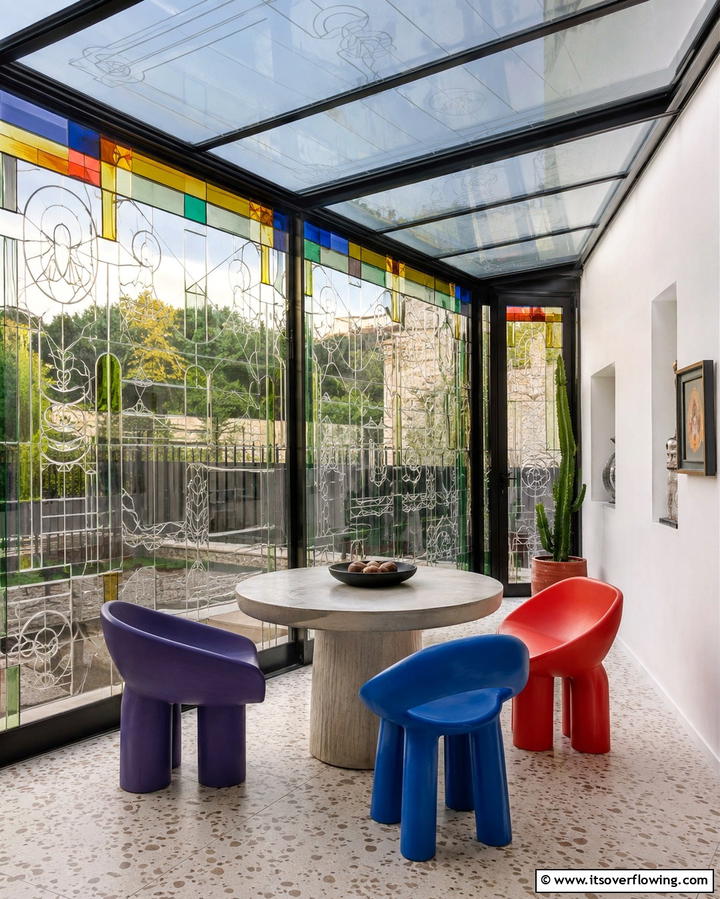 Glass Porch with Artistic Elements - 25 Glass Porch Design Ideas for a Bright and Airy Space