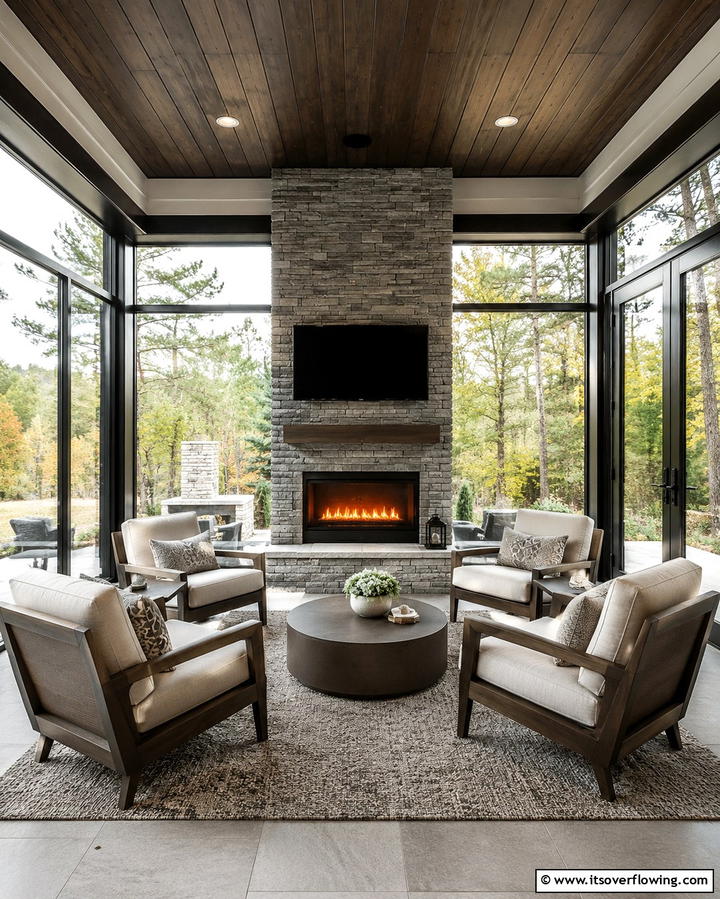 Glass Porch with Outdoor Fireplace - 25 Glass Porch Design Ideas for a Bright and Airy Space