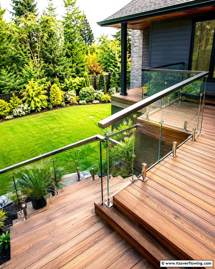 Glass Railing with Deck Steps for a Sophisticated Look - 25 Deck Steps Ideas for a Safe and Stylish Entry