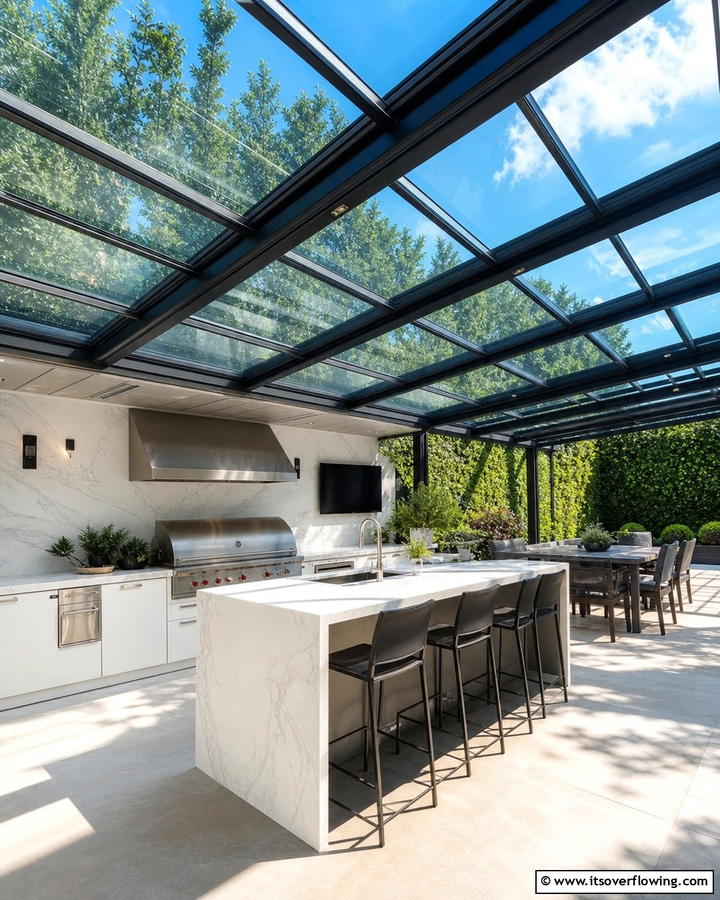 Glass Roof for Maximum Light - 20 Outdoor Kitchen Roof Ideas for Year-Round Enjoyment