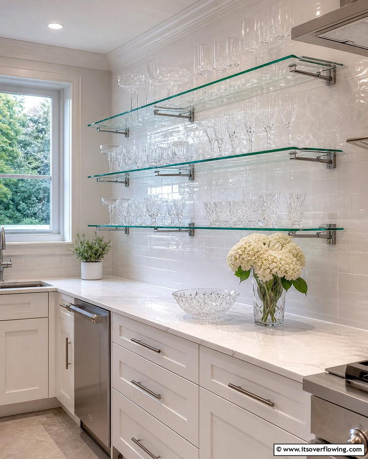 Glass Shelves for a Light and Airy Look - 25 Open Shelving Kitchen Ideas for a Modern Look