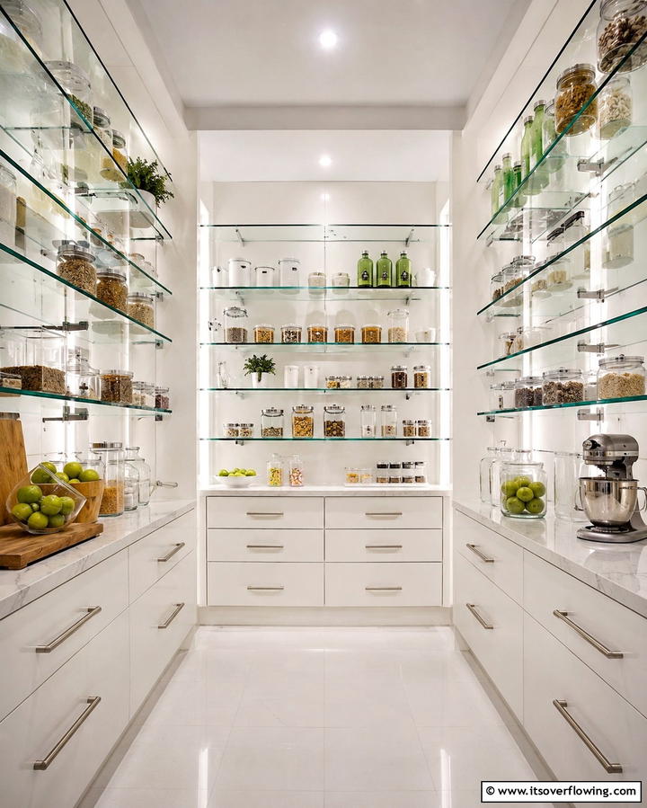 Glass Shelves for a Modern Touch - 25 Pantry Shelving Ideas for Organized Kitchens