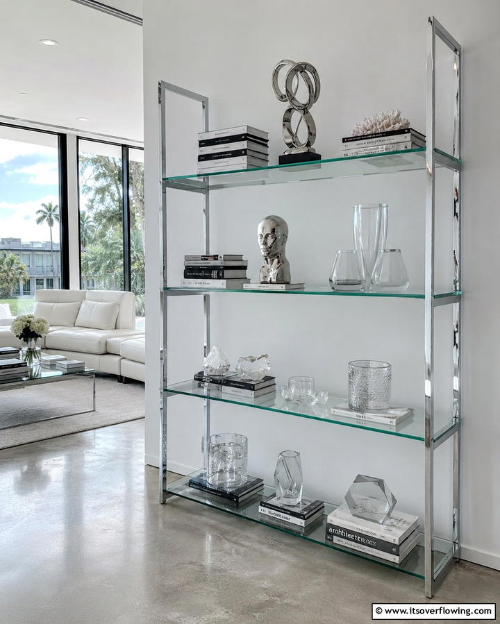 Glass Shelves for a Sleek Aesthetic - 25 Living Room Bookshelf Ideas for Stylish Storage