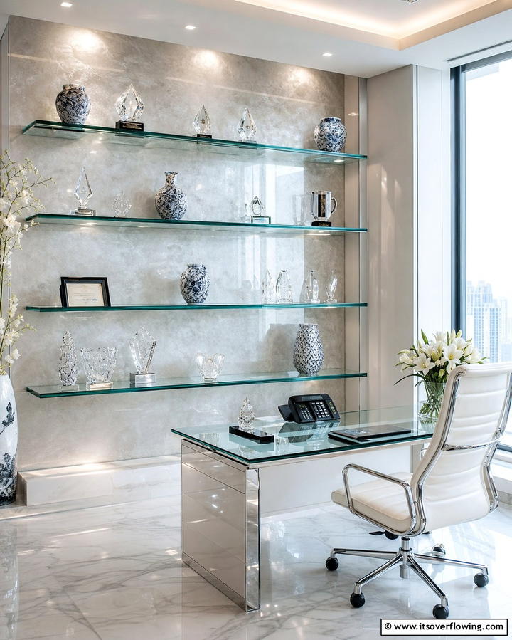 Glass Shelving for a Sophisticated Touch - 25 Office Shelving Ideas to Maximize Storage and Style