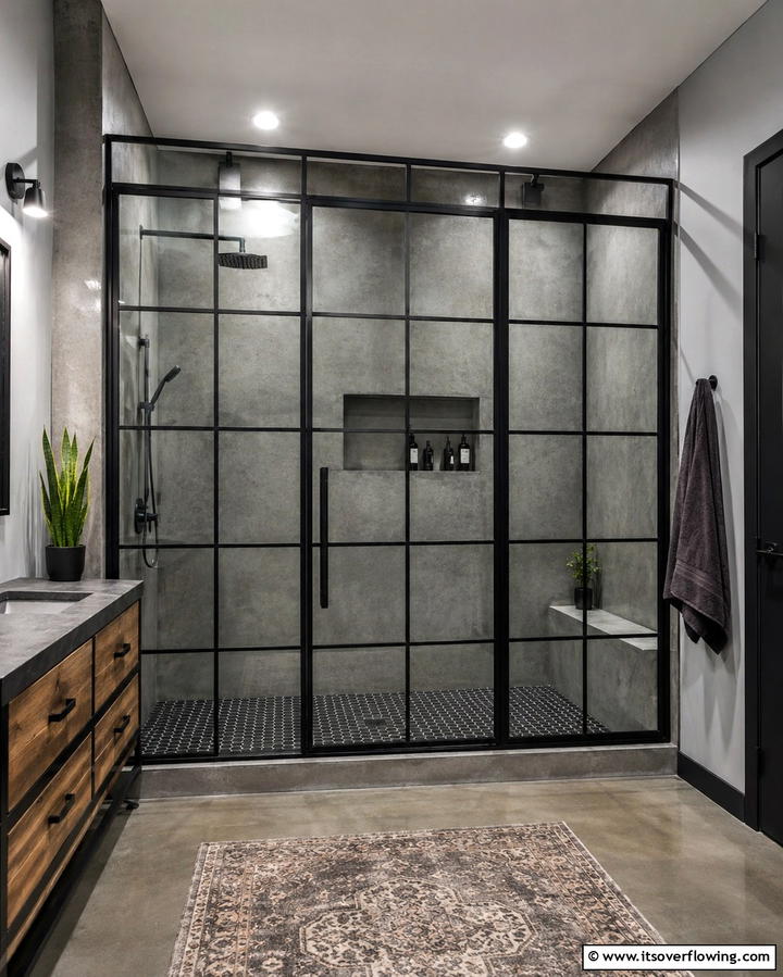 Glass Shower Enclosure with Black Frames - 25 Industrial Bathroom Ideas for a Bold Look