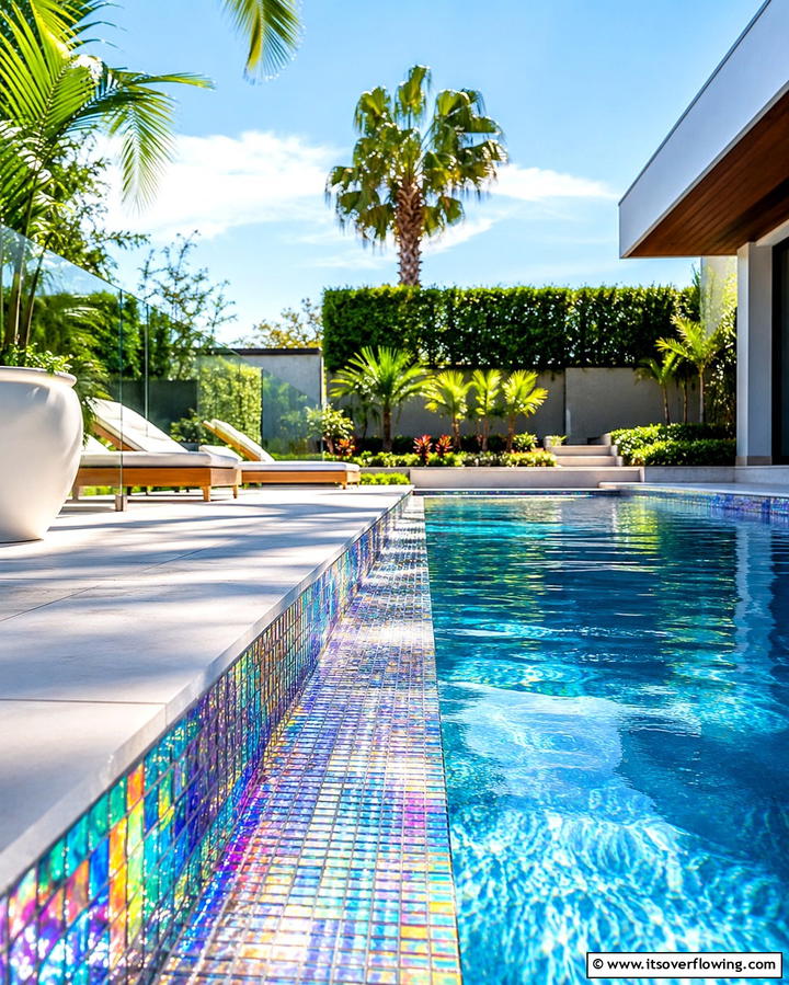 Glass Tiles with Iridescent Finish - 20 Waterline Pool Tile Ideas for a Stunning Backyard Oasis