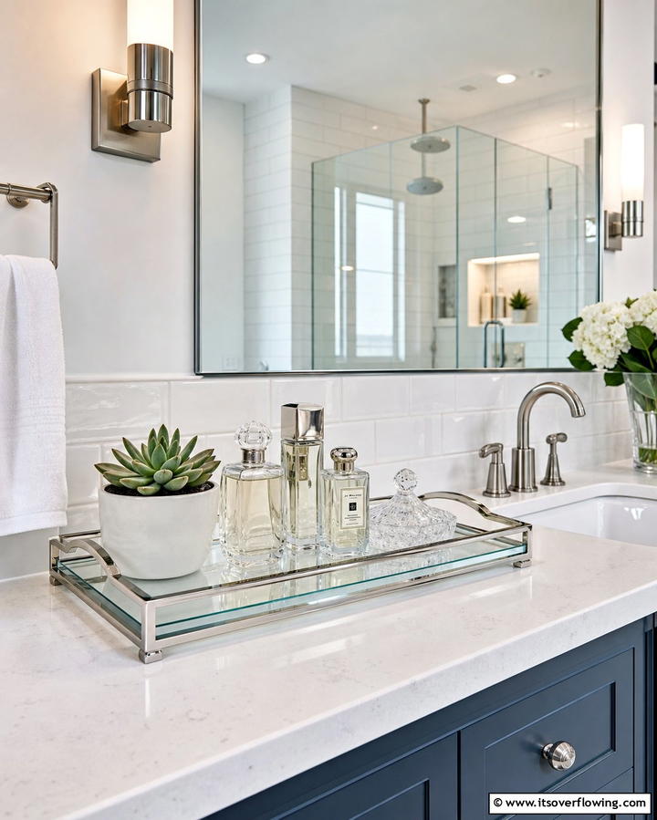 Glass Tray with Metallic Edges - 25 Stylish Bathroom Tray Ideas to Organize and Decorate