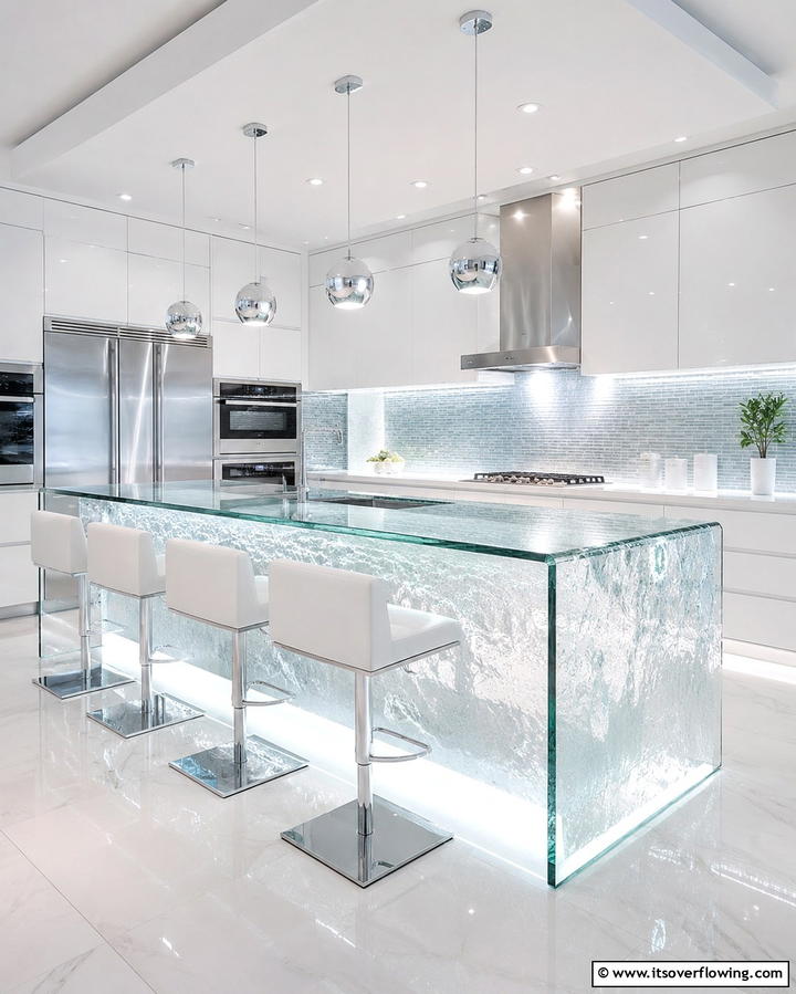 Glass Waterfall Island for a Futuristic Touch - 20 Stunning Waterfall Kitchen Island Ideas for a Modern Look
