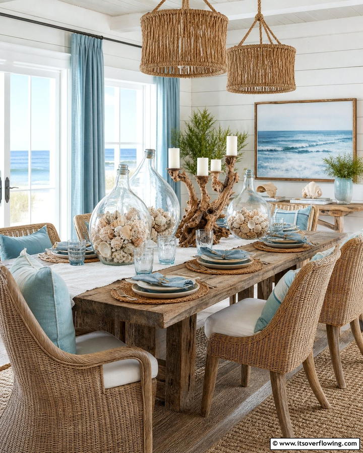 Glass and Driftwood Centerpieces - 25 Coastal Dining Room Ideas for a Beachy Vibe