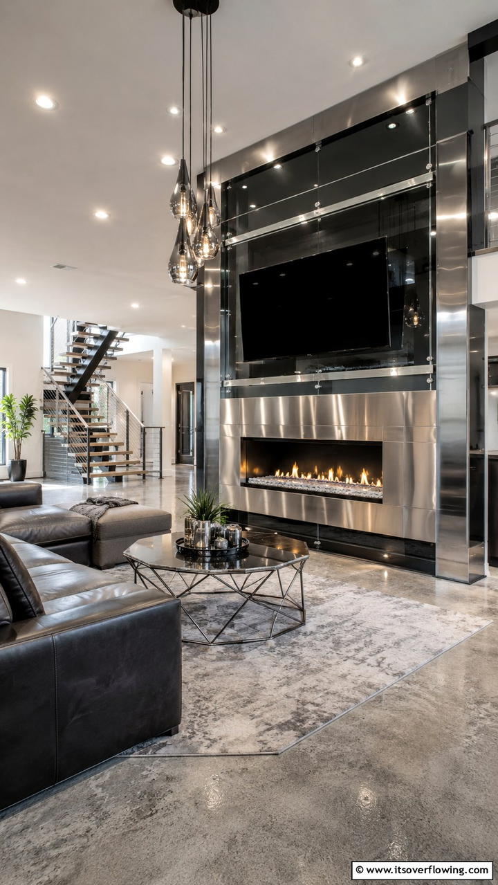 Glass and Metal Fusion - 21 Stylish TV Over Fireplace Ideas for Modern Living Rooms