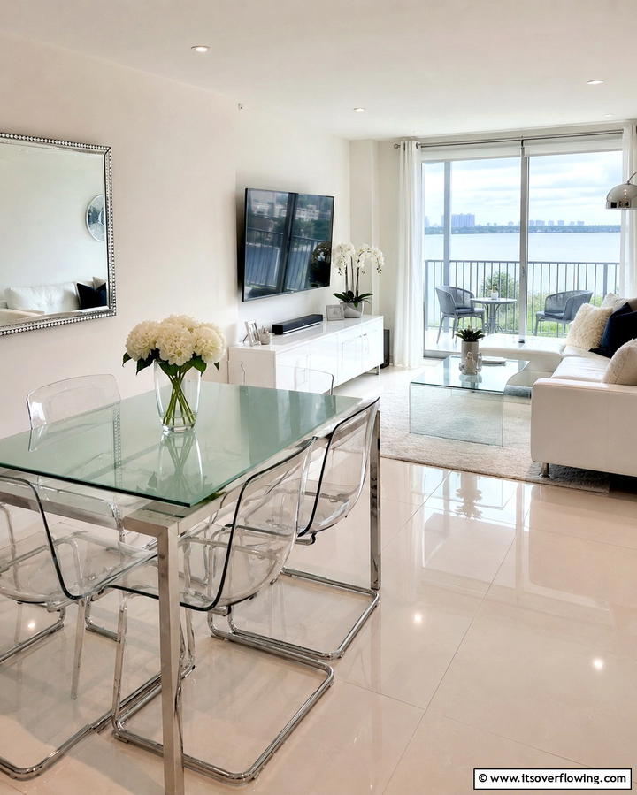 Glass or Transparent Furniture - 20 Small Living Room Ideas With TV and Dining Table