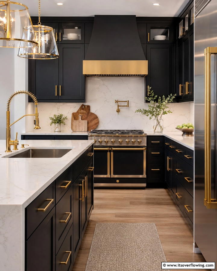 Gleaming Gold Hardware - 30 Luxe Black, White, and Gold Kitchen Ideas for Elegant Spaces