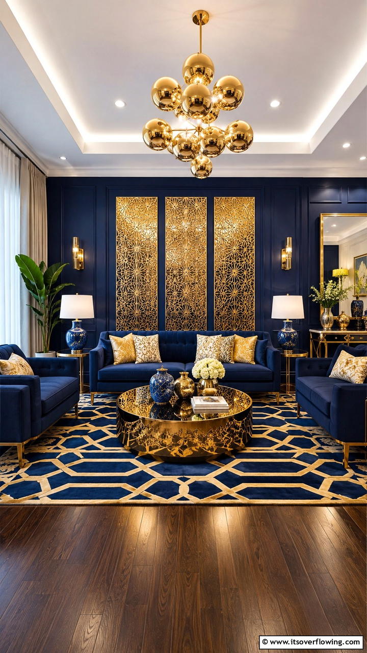 Glistening Gold Fixtures in Blue Spaces - 30 Stunning Blue and Gold Living Room Ideas for Elegant Spaces