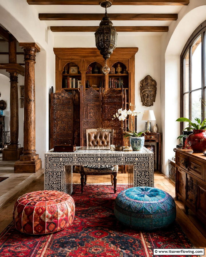 Global Artisan Furnished Study - 30 Bohemian Home Office Ideas for Eclectic Workspace Vibes