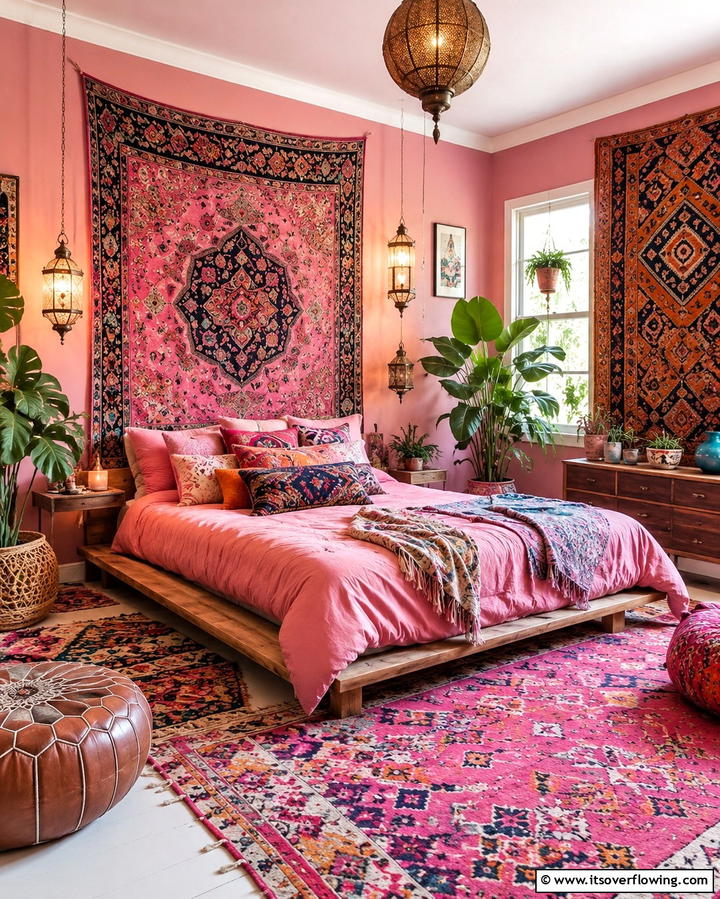 Global Patterns and Tapestry Elegance - 30 Pink Boho Bedroom Ideas for a Chic and Cozy Retreat