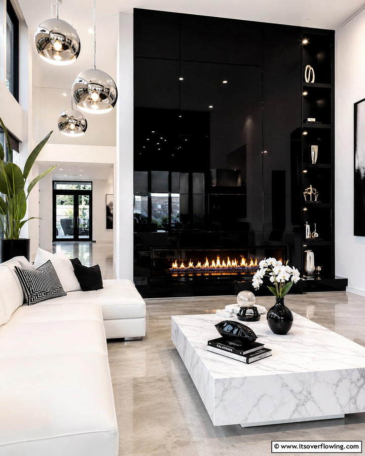 Glossy Black Finish - 25 Black and White Fireplace Ideas for Timeless Elegance