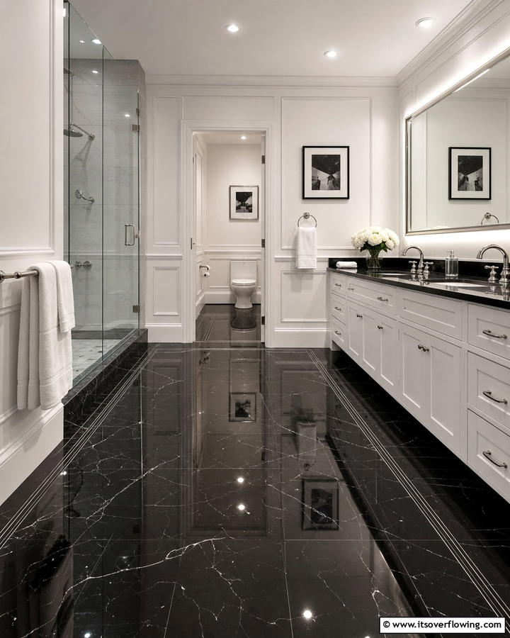Glossy Black Floors with White Paneled Walls - 20 Black Floor Bathroom With White Walls Ideas for Contrast