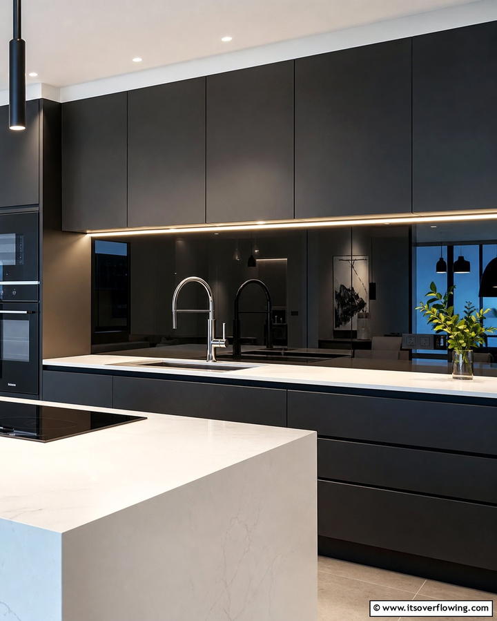 Glossy Black Glass Backsplash - 25 Kitchen With Black Backsplash Ideas for Drama