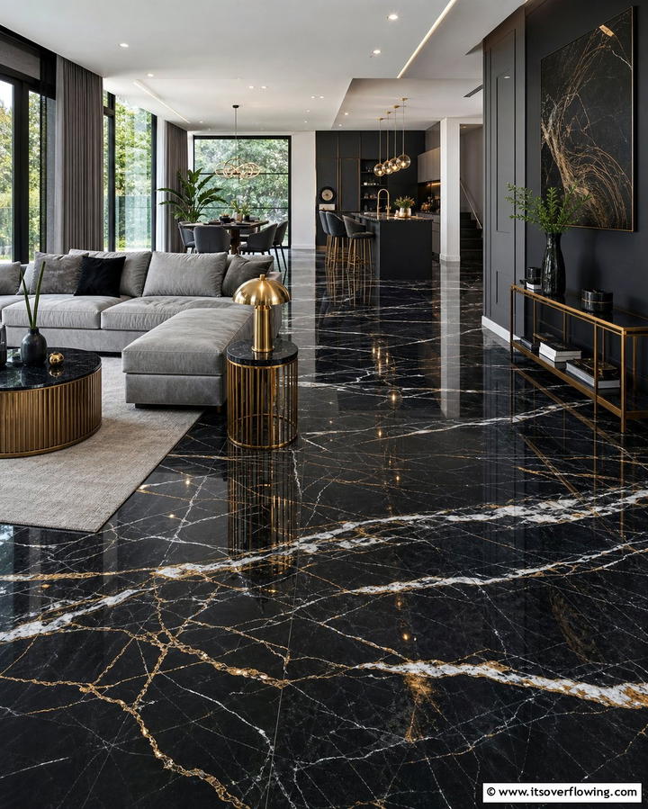 Glossy Black Marble for Drama - 25 Marble Floor Living Room Ideas for a Luxurious Space