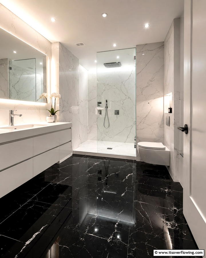 Glossy Black Porcelain Tiles for a Sleek Look - 25 Black Floor Bathroom Ideas for a Bold Look