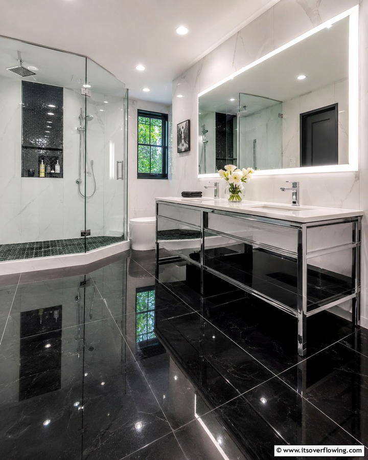 Glossy Black Porcelain Tiles - 25 Black Floor Bathroom Ideas for a Bold Look