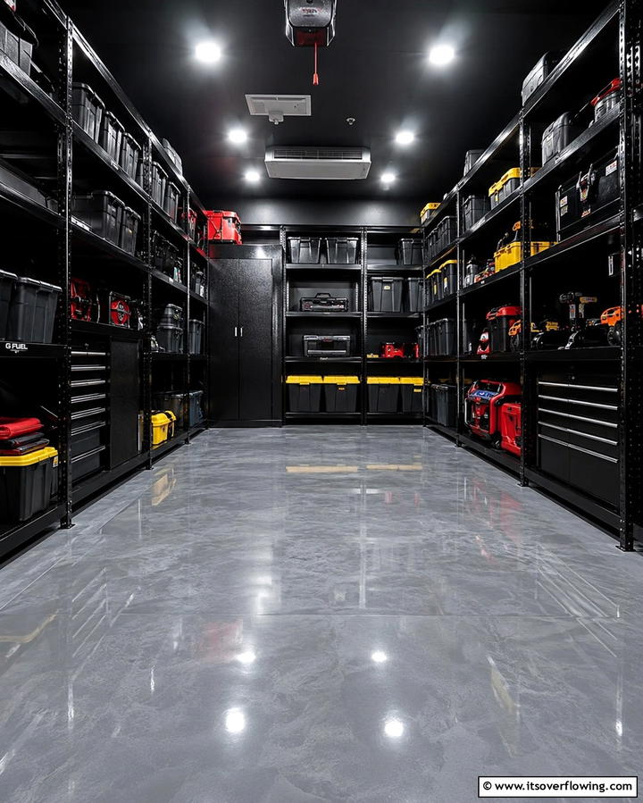Glossy Black Storage Racks - 25 Black Garage Ideas for a Sleek and Functional Space