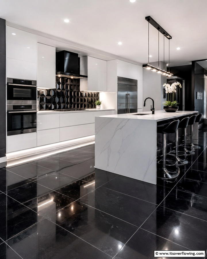 Glossy Black Tile Accents - 30 Sleek Black Floor Kitchen Ideas for Contemporary Designs
