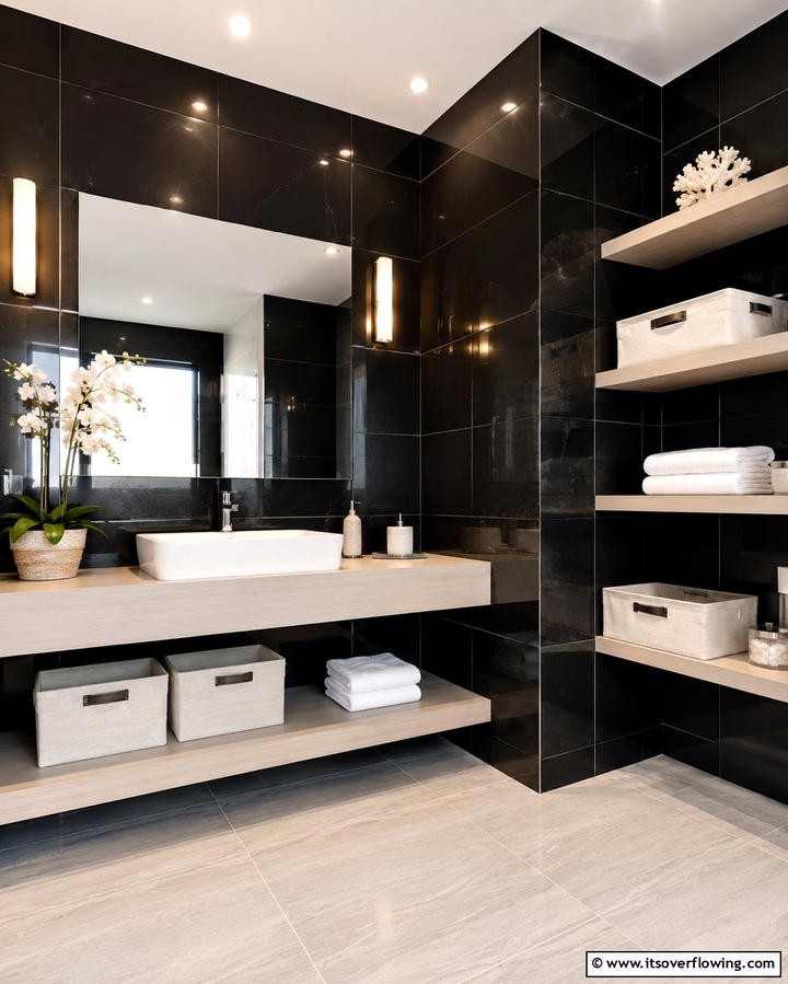 Glossy Black Tiles for a Polished Finish - 30 Stylish Black Laundry Room Ideas for a Modern Utility Space