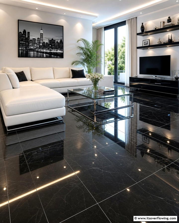Glossy Black Tiles for a Reflective Finish - 25 Black Floor Living Room Ideas for a Modern Aesthetic