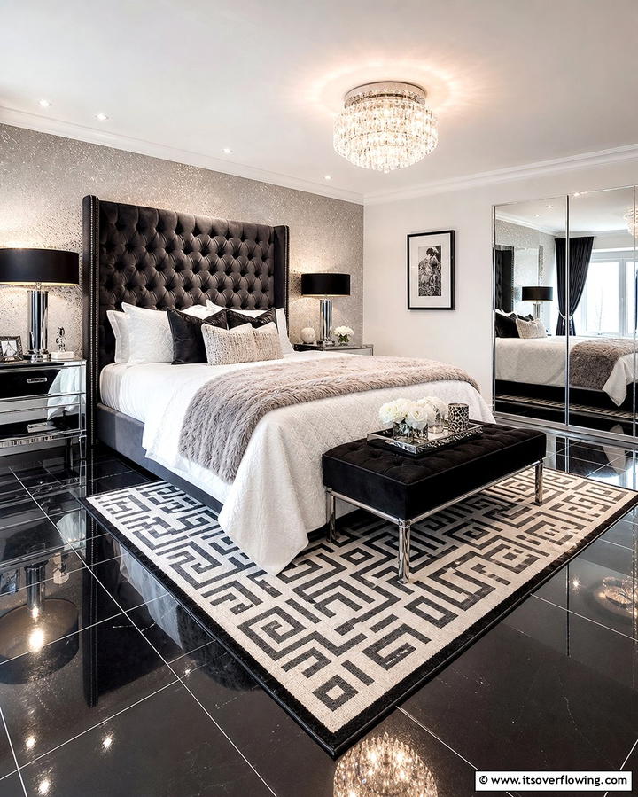 Glossy Black Tiles for a Reflective Finish - 25 Black Floor Bedroom Ideas for a Bold and Modern Look