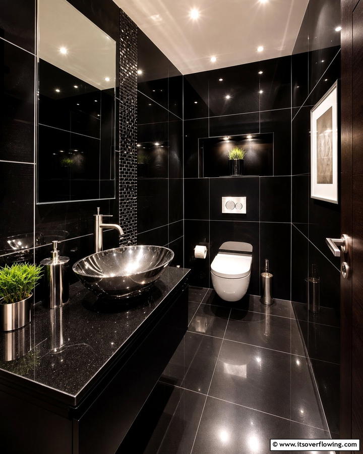 Glossy Black Tiles for a Sleek Look - 25 Elegant Black Powder Room Ideas for a Bold Look