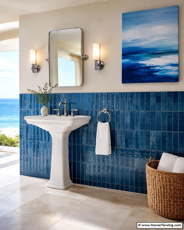 Glossy Blue Tiles - 30 Half-Wall Tile Bathroom Ideas for Functional Style