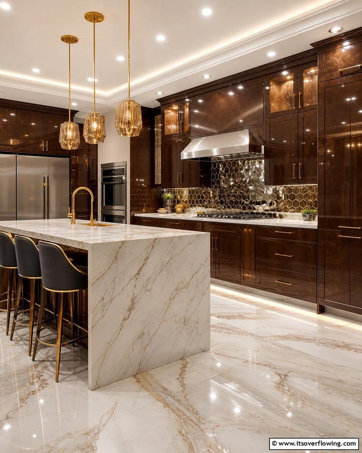 Glossy Brown Cabinets for a Luxe Look - 20 Brown Kitchen Cabinets Ideas for a Warm and Inviting Space