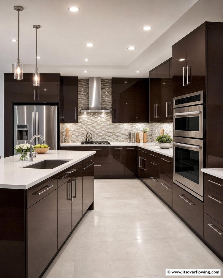Glossy Brown Cabinets - 20 Brown Kitchen Ideas to Create a Cozy and Stylish Space