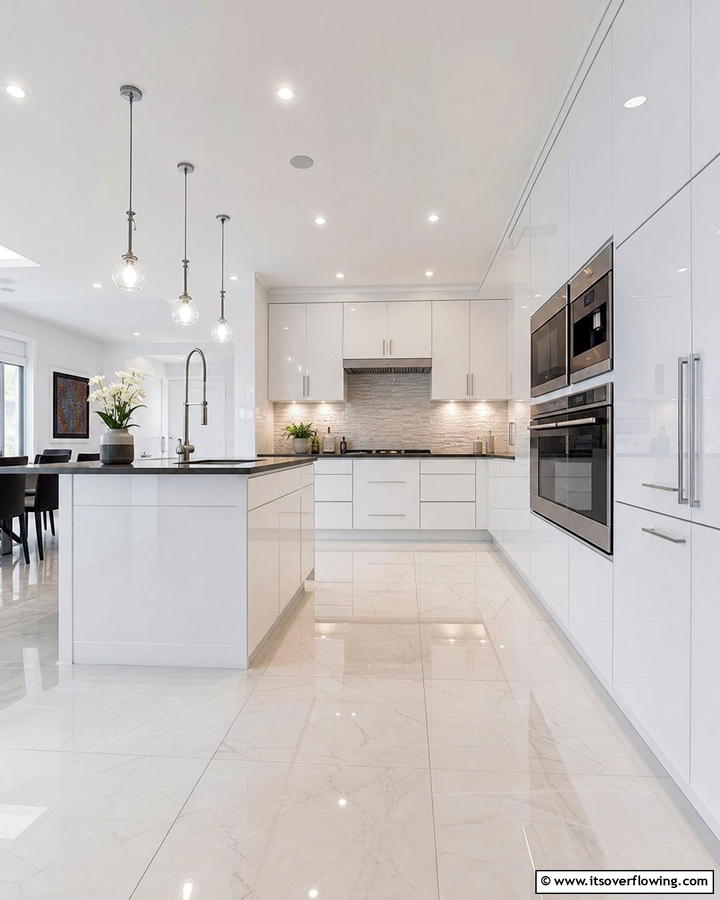Glossy Ceramic Shine - 21 Kitchen Floor Tile Ideas- Durable & Stylish Options