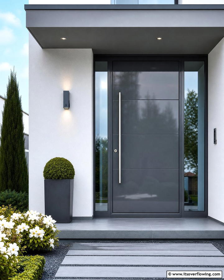 Glossy Dark Gray for a Contemporary Look - 20 Dark Gray Front Door Ideas for a Modern Entryway