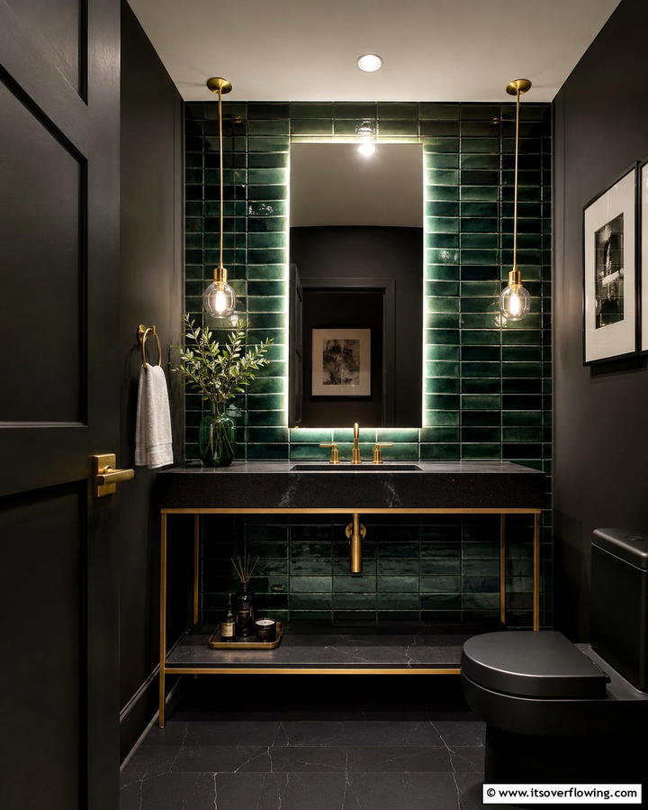 Glossy Emerald Accents - 30 Green Bathroom Tile Design Ideas for a Refreshing Oasis