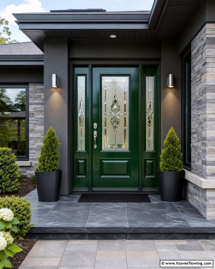 Glossy Emerald Green Door with Glass Panels - 20 Stunning Dark Green Front Door Ideas for Curb Appeal