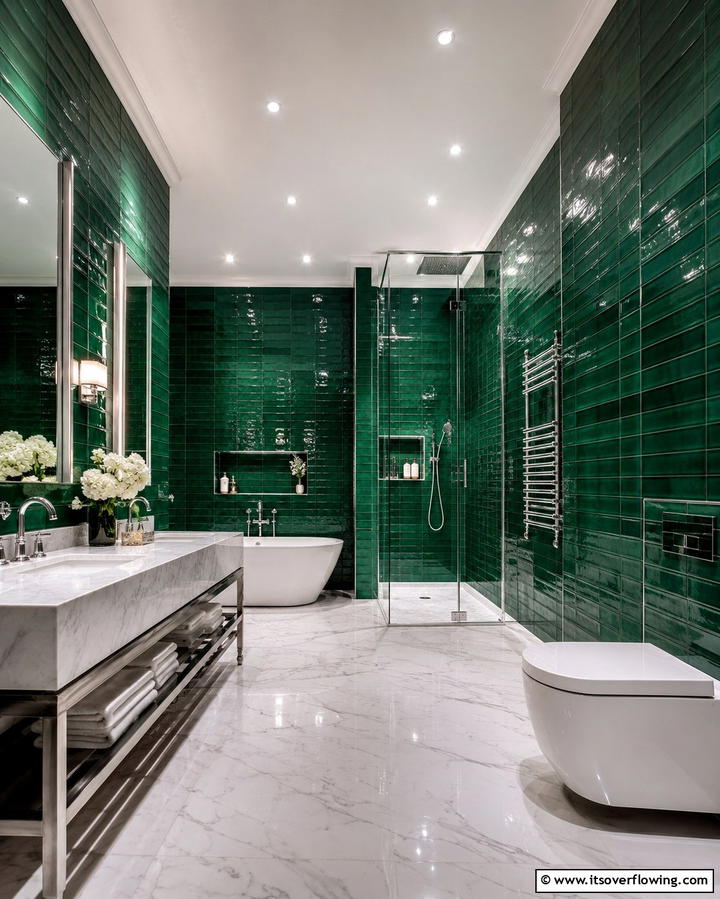 Glossy Emerald Green Tiles for a Luminous Effect - 30 Green Tile Bathroom Inspiration Ideas for Bold Spaces