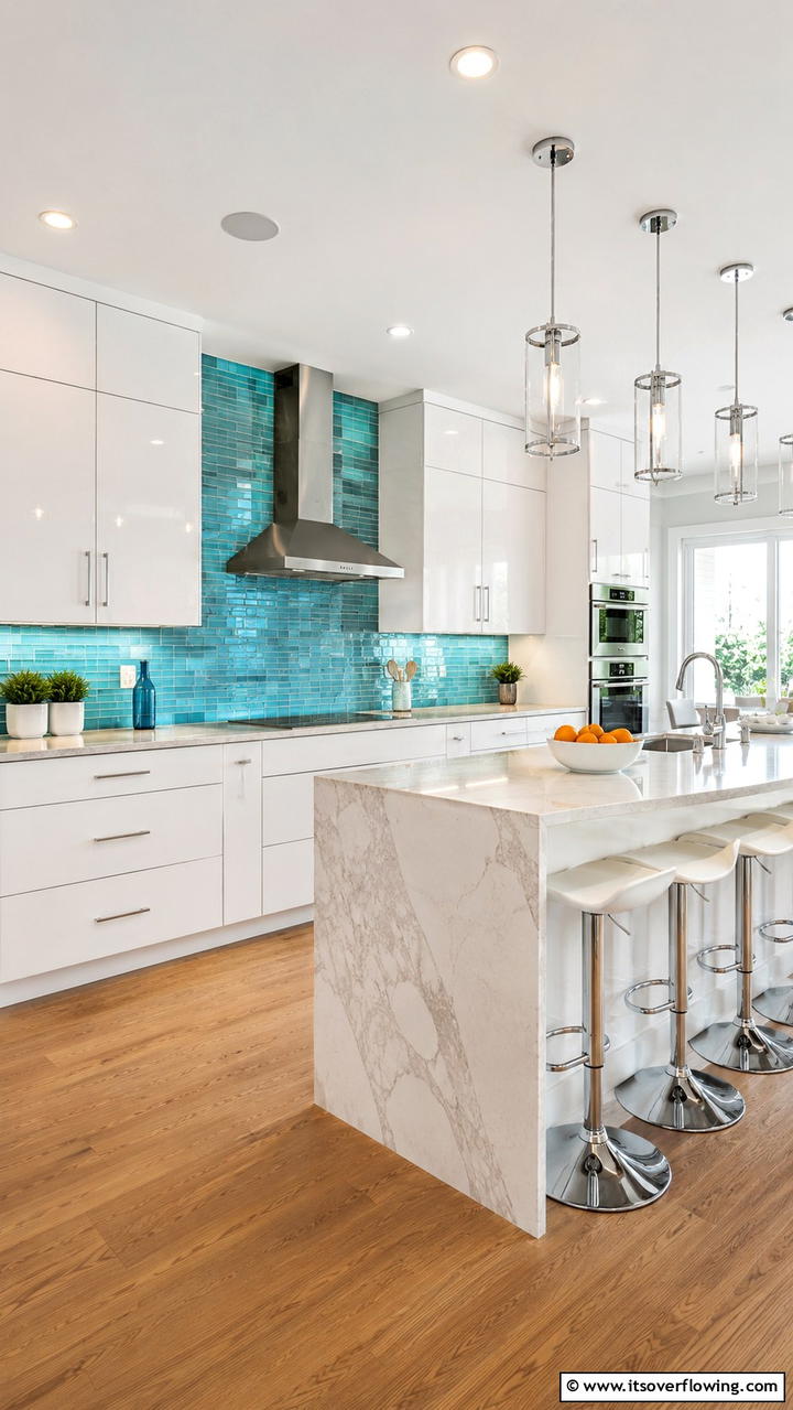 Glossy Glass Tiles - 21 White Cabinet Kitchen Backsplash Ideas for Contrast
