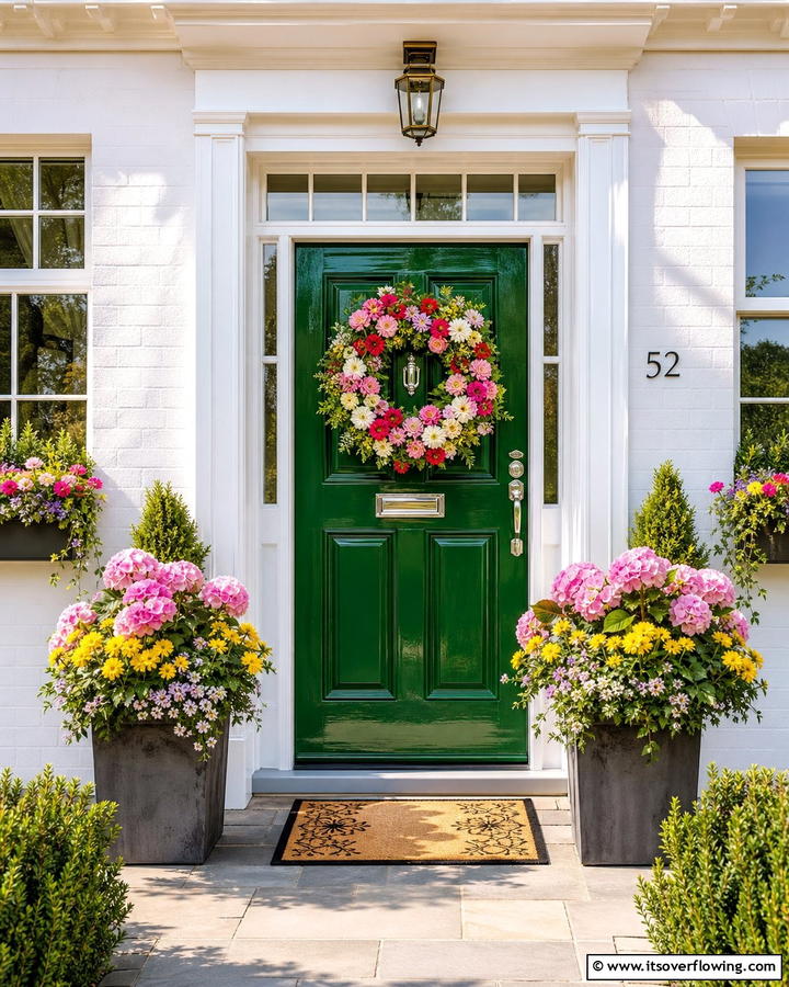 Glossy Ivy Green Door with Floral Wreath - 20 Stunning Dark Green Front Door Ideas for Curb Appeal