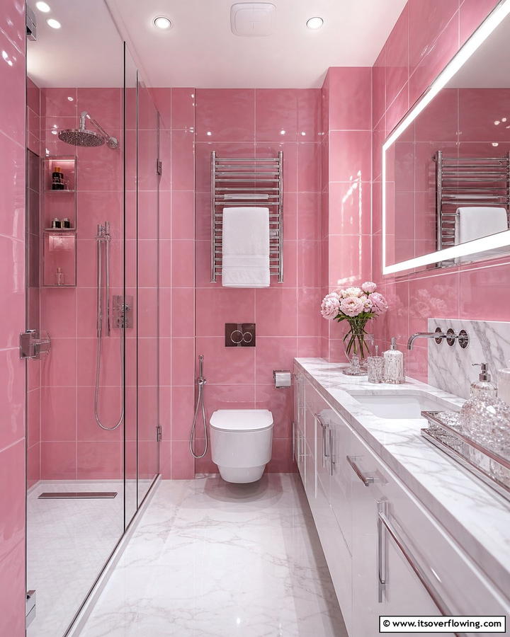 Glossy Pink Tiles for a Luxurious Finish - 20 Pink Tile Bathroom Ideas for a Vibrant Look