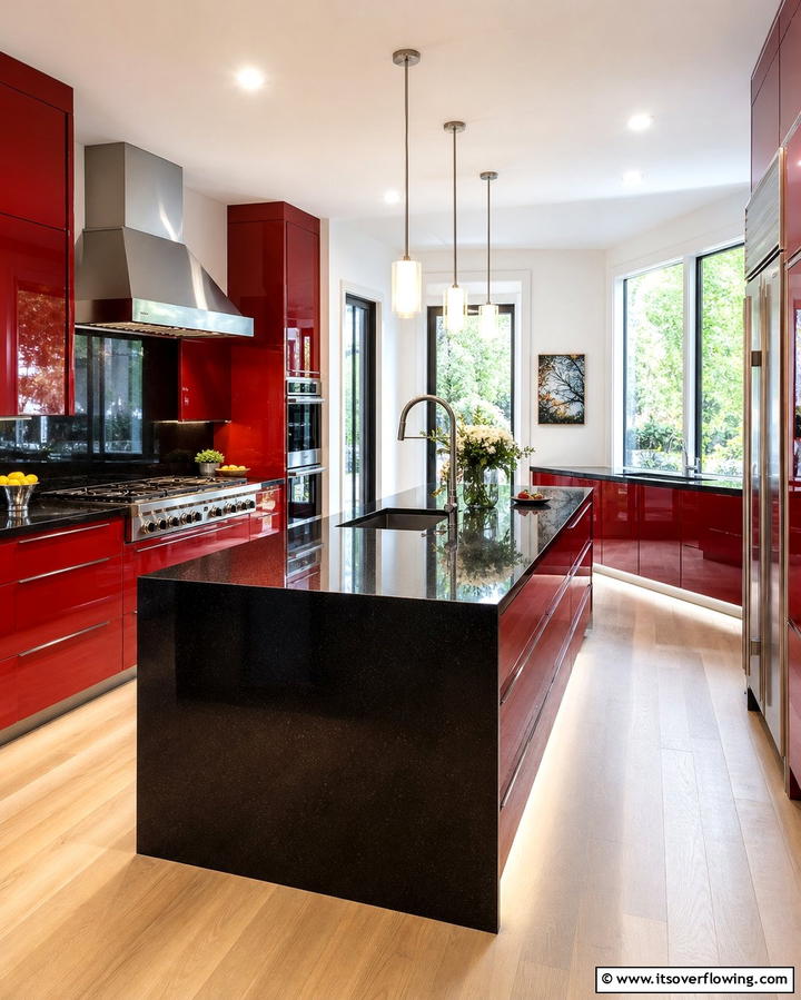 Glossy Red Cabinets with Black Countertops - 25 Red and Black Kitchen Ideas for a Bold Look