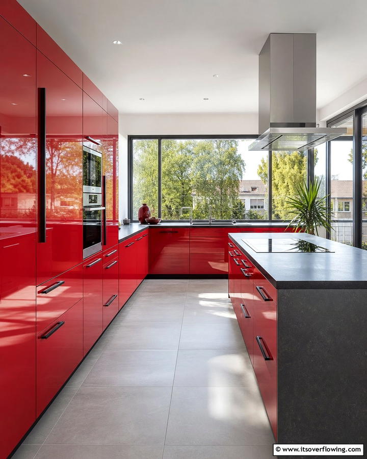 Glossy Red Cabinets with Black Handles - 25 Red and Black Kitchen Ideas for a Bold Look