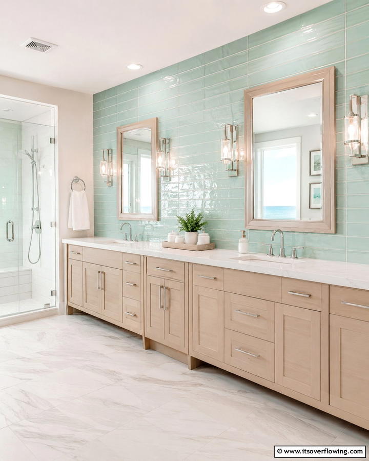 Glossy Seafoam Green Tiles - 30 Green Bathroom Tile Design Ideas for a Refreshing Oasis