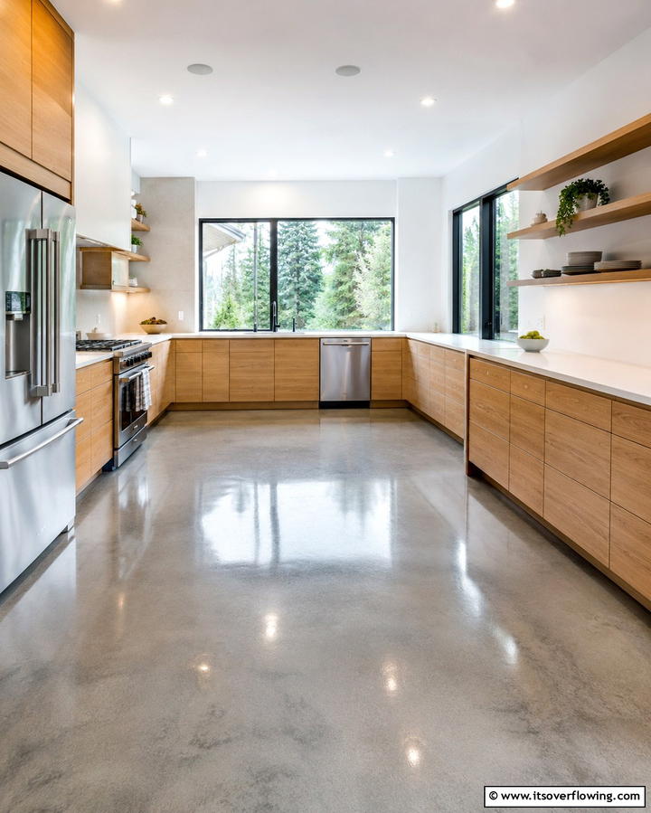 Glossy Sealed Concrete - 30 Industrial Chic Concrete Floor Kitchen Design Concepts