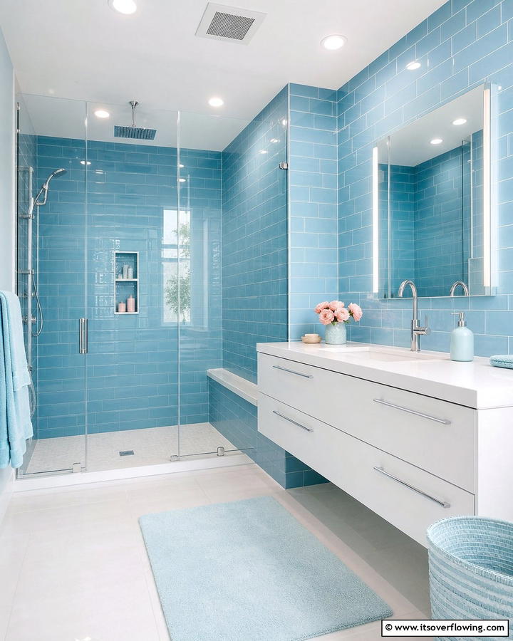 Glossy Sky Blue for a Bright Finish - 25 Stunning Blue Tile Bathroom Ideas for a Fresh Look