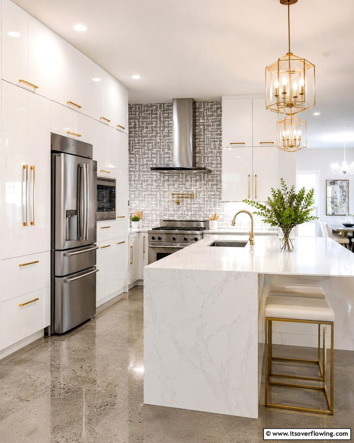 Glossy White Cabinets with Brushed Gold Pulls - 20 White Kitchen Cabinets With Gold Hardware Ideas