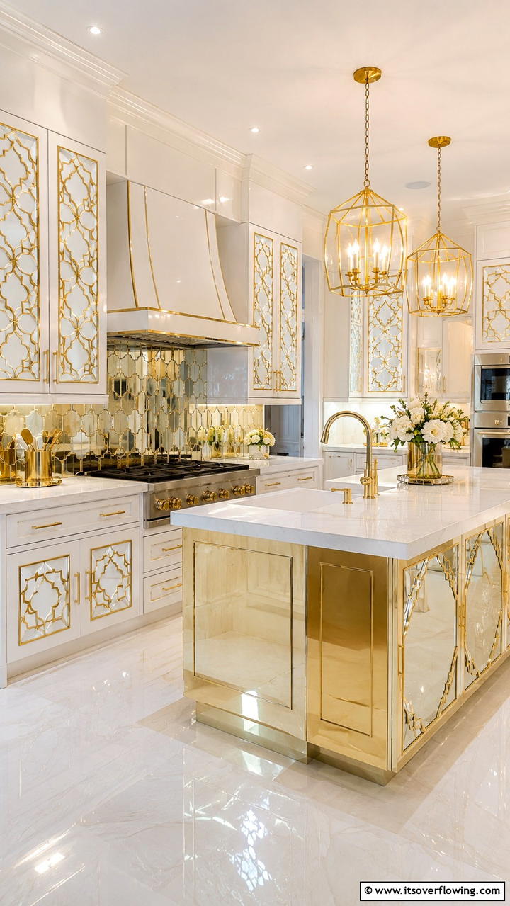Glossy White Cabinets with Intricate Gold Inlays - 21 White and Gold Kitchen Ideas for Timeless Elegance