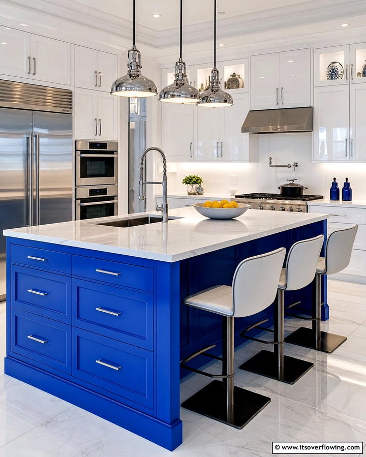Glossy White Cabinets with a Cobalt Blue Island - 25 White Kitchen Cabinets With Blue Island Ideas